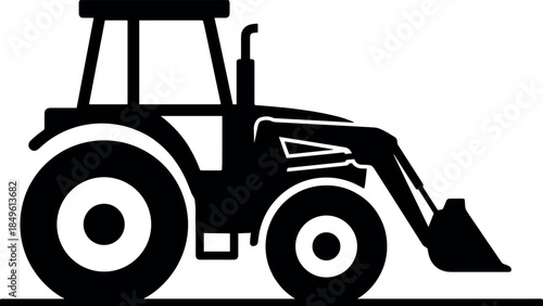Agricultural tractor loader silhouette illustration showing farming machinery with front bucket rural construction equipment black vector icon