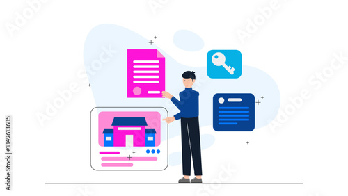 Real Estate Agent Hosting a Virtual Home Tour. Business Flat Vector Illustration