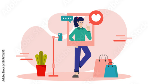 Influencer Shooting Content for a Brand. Business Flat Vector Illustration