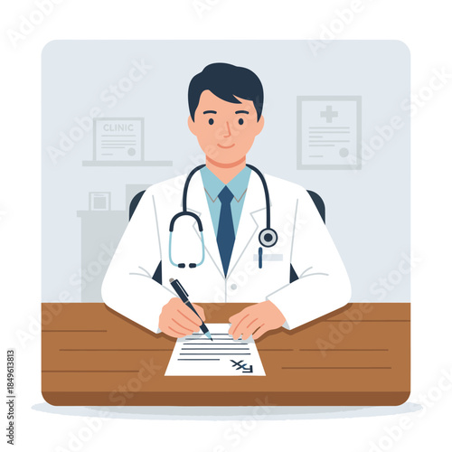 Young male doctor writing a prescription for a patient at his desk