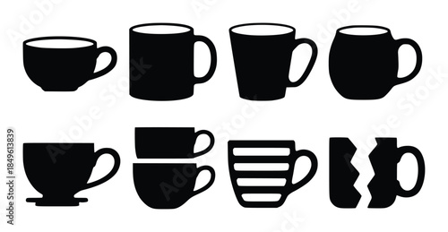 Collection of black silhouette mugs and cups with varied and broken cup coffee drink