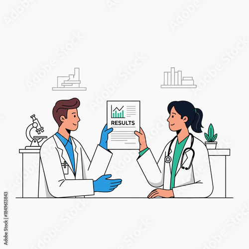 Doctors discuss medical test results in a clean laboratory setting