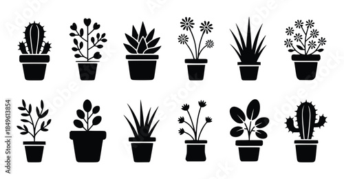 Collection of black silhouette potted plants including cacti and flowering plants cactus