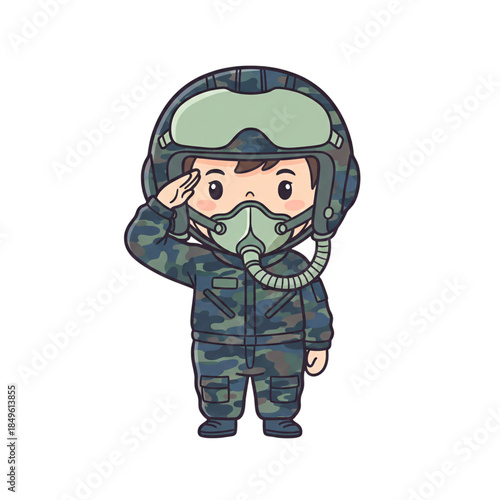 Cute Little Air Force Fighter Pilot Boy Saluting Cartoon