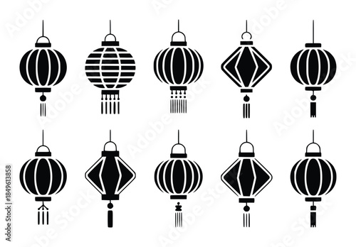 Collection of black silhouette traditional Asian lanterns with tassels white