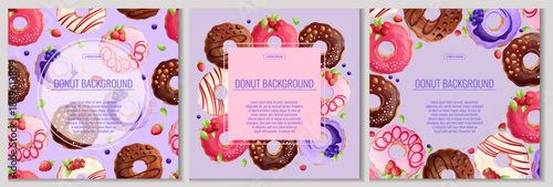 A set of colorful backgrounds with delicious donuts. The concept of confectionery, baking, cooking. Vector illustration for the design of posters, flyers, postcards and invitations