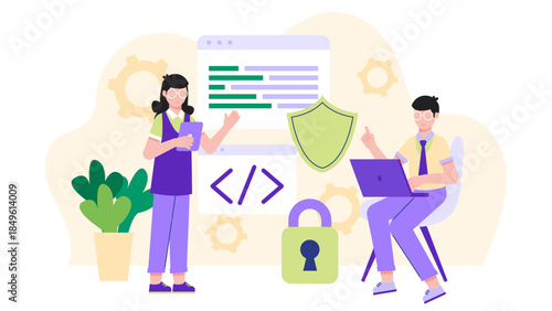 Cybersecurity Team Neutralizing a Threat. Business Flat Vector Illustration