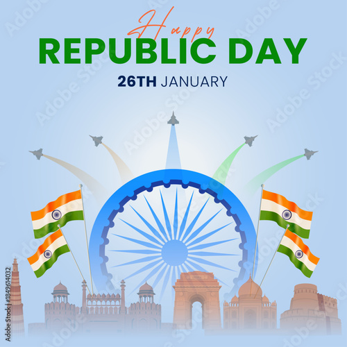 India Republic Day 26 January Illustration with Ashoka Chakra and Famous Indian Building