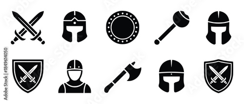 Collection of medieval warrior including helmets swords shields axe and mace