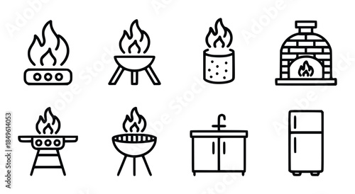 Collection of outdoor cooking and kitchen appliance with flames and fire barbecue grill