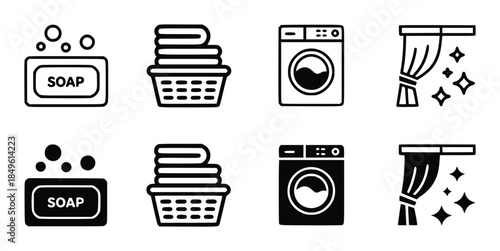 Set of black and white representing laundry and cleaning processes soap bubbles