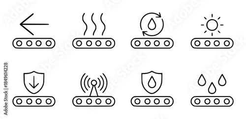 Set of simple black representing different processes or states above a horizontal bar with circles white