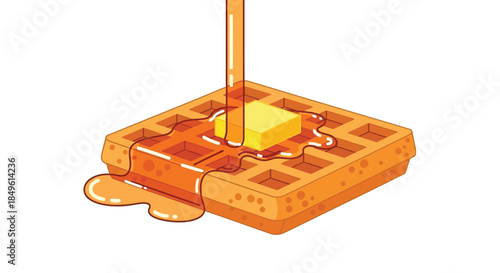Delicious golden waffle with melting butter and pouring syrup.
