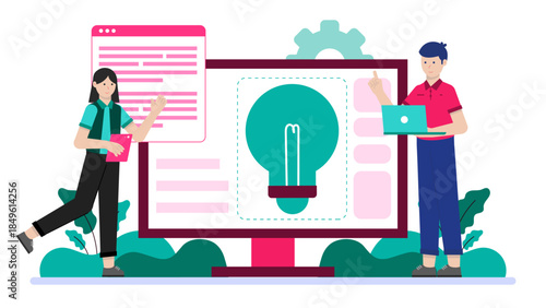 Team Ideating with a Design Thinking Framework. Business Flat Vector Illustration