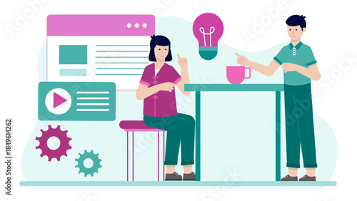 Team Ideating with a Design Thinking Framework. Business Flat Vector Illustration