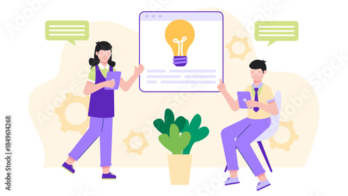 Team Ideating with a Design Thinking Framework. Business Flat Vector Illustration