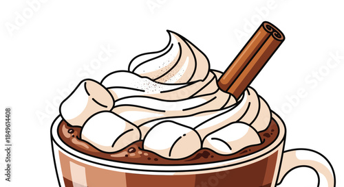 Delicious Hot Chocolate with Whipped Cream, Marshmallows, and Cinnamon Stick.