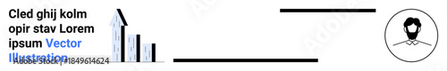Business strategy, analytics, progress tracking, professional network, performance monitoring, branding concepts. Abstract bar graph next to circular male profile. Business strategy and analytics