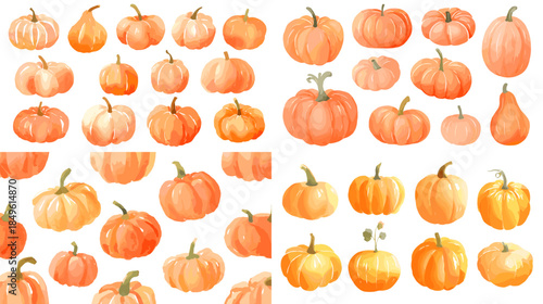 Watercolor pumpkin collection with soft orange tones perfect for autumn decor harvest themes seasonal branding and cozy nature inspired illustration design.
