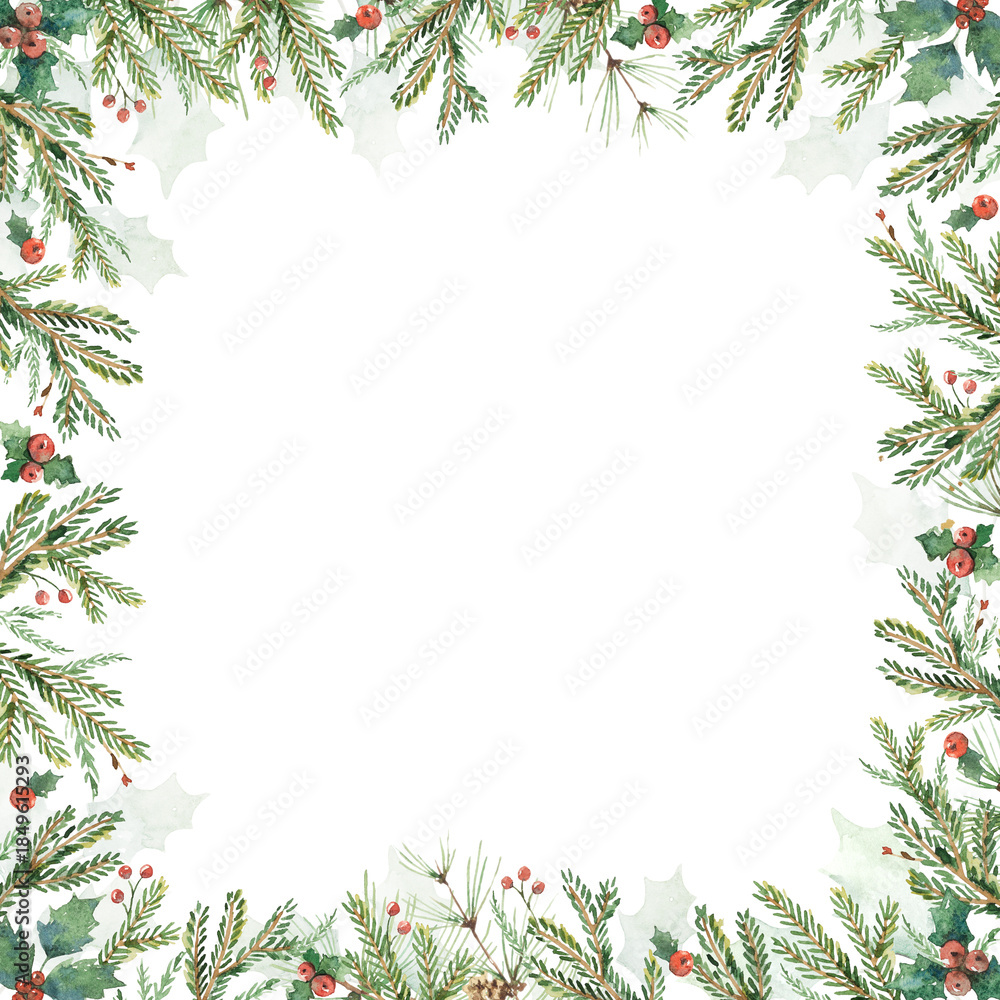 Fototapeta premium Watercolor Christmas card with fir branches and copy space. Trendy square template for winter holiday.