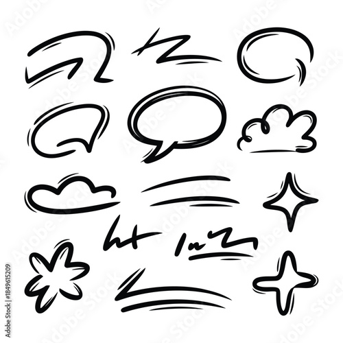 High-end hand-drawn doodle elements designed for modern branding, confident sketch lines with smooth rhythm,