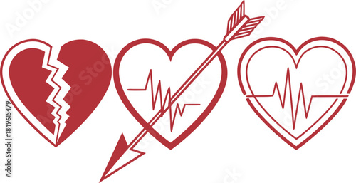 Broken Heart and Medical Heartbeat Pulse Icon Set