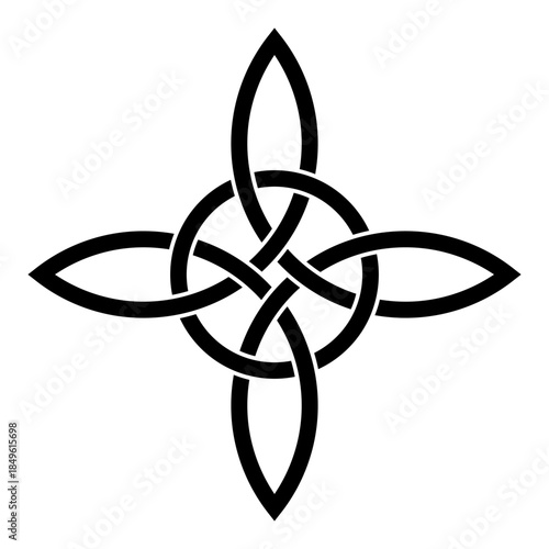 Celtic quad knot, Celtic cross with interlaced circle. Intertwined quadruple knot, an endless pattern with four connected, interlaced loops, with no beginning or end, interlaced with a circle. Vector