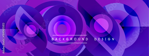 Abstract purple design features overlapping circles, gradients, modern aesthetic. Text reads background design centrally positioned.