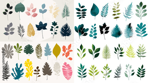 Watercolor botanical leaf assortment with colorful foliage perfect for nature decor eco branding scrapbooking and modern organic illustration design.