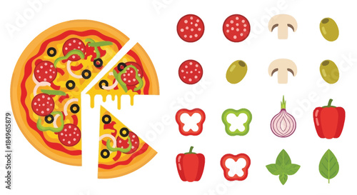Delicious pizza with various toppings and ingredients set.