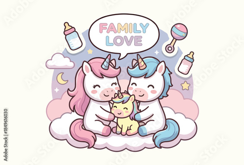 A cute kawaii sticker of a unicorn family cuddling their baby on a cloud with a "Family Love" speech bubble