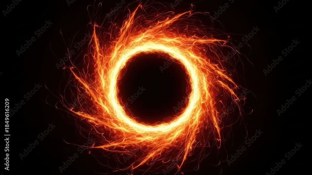 Fototapeta premium Fiery black hole with swirling flames in space isolated on transparent background
