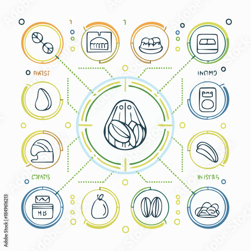 Illustration of various food and drink items connected to a central avocado symbol