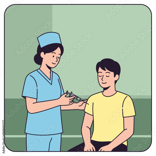 Nurse administering vaccine injection to a young man in a clinic
