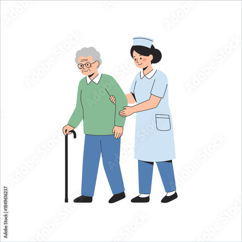 Caring nurse assisting elderly man with grey hair walking with a cane