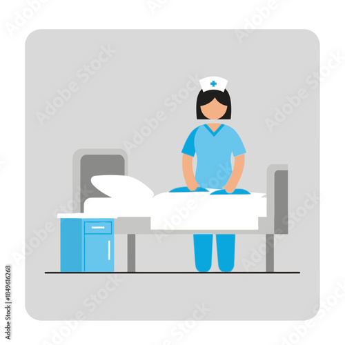 Nurse sitting beside a patient bed in a healthcare setting