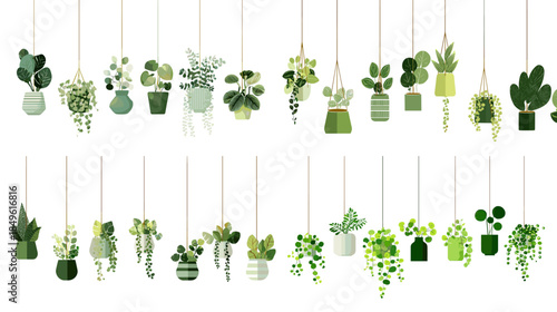 Watercolor hanging houseplants collection with lush greenery in pots and jars perfect for interior decor botanical branding and fresh lifestyle illustration.