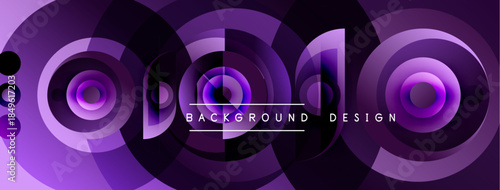 Abstract purple circles create dynamic background. Layers overlap, forming modern design with text elements. Smooth gradients enhance visual appeal.