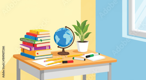 Desk with Books Globe and Plant for Education.