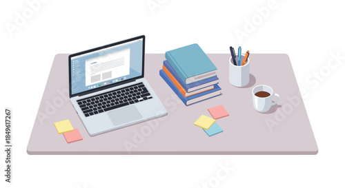 Desk with Laptop, Books, Coffee, and Stationery.