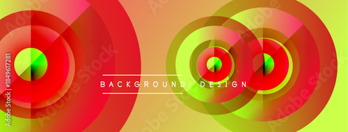 Abstract vibrant circles overlap, creating dynamic gradients. Yellow, red, green hues blend, forming modern background design.