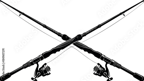 Crossed fishing rods silhouette illustration with spinning reels showing sport angling equipment outdoor recreation black vector icon design