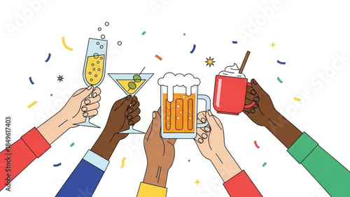 Diverse hands holding celebratory drinks toasting with champagne martini beer and hot chocolate with confetti for parties and events