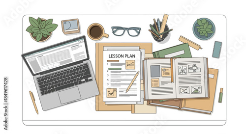 Desk with laptop, open book, and plants.