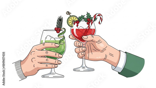 Hands toasting with festive Christmas cocktails decorated with holly and candy canes for holiday celebrations and New Years Eve parties