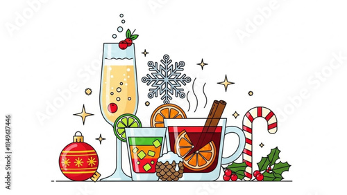 Festive Christmas drinks and decorations including mulled wine and champagne with snowflakes and ornaments perfect for holiday invitations and 