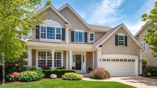 Two-story suburban house with covered porch, landscaped garden, and colorful flowers on a sunny day