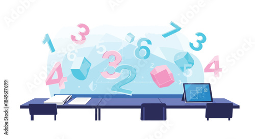 Abstract illustration of floating numbers and geometric shapes above a desk with a laptop.