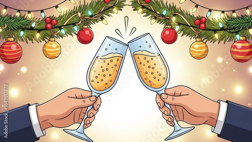 Hands clinking champagne glasses under festive Christmas garland celebrating holiday season with sparkling wine vector illustration