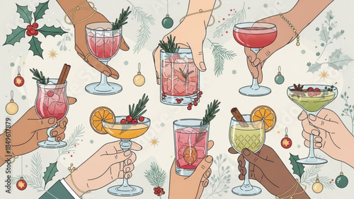Collection of festive holiday cocktails held by diverse hands perfect for Christmas and New Year celebrations illustrated in a charming hand-dr